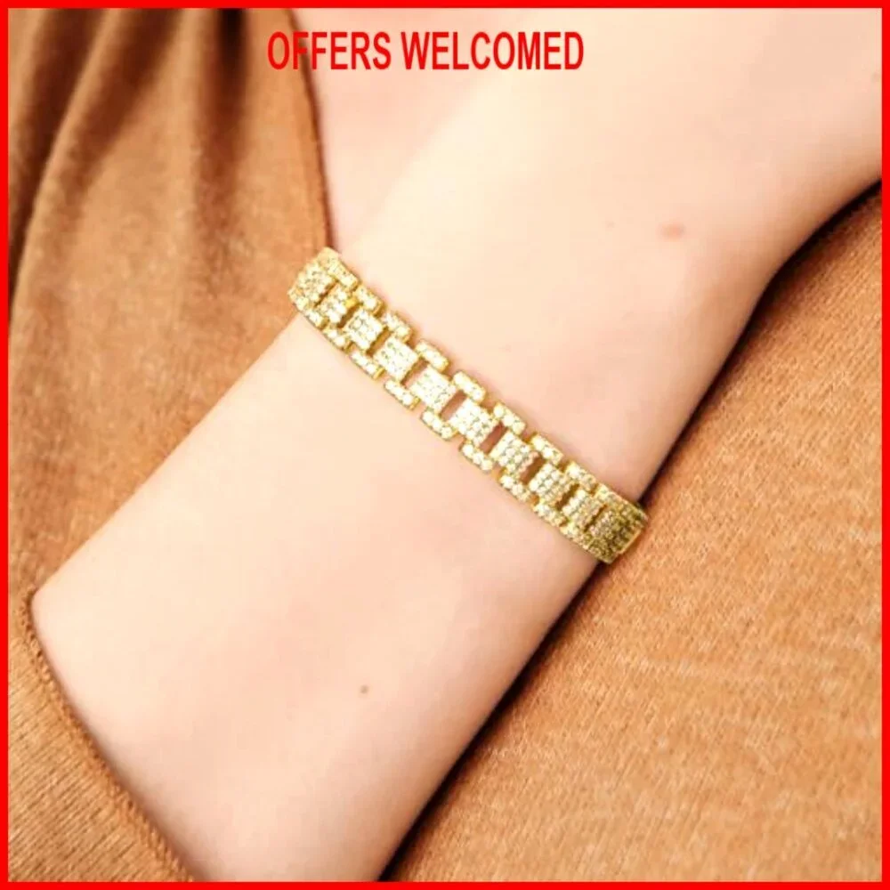 14K Gold Plated Cuff Bracelet, Adjustable Open Bangle, Cubic Zirconia - Picture 5 of 7